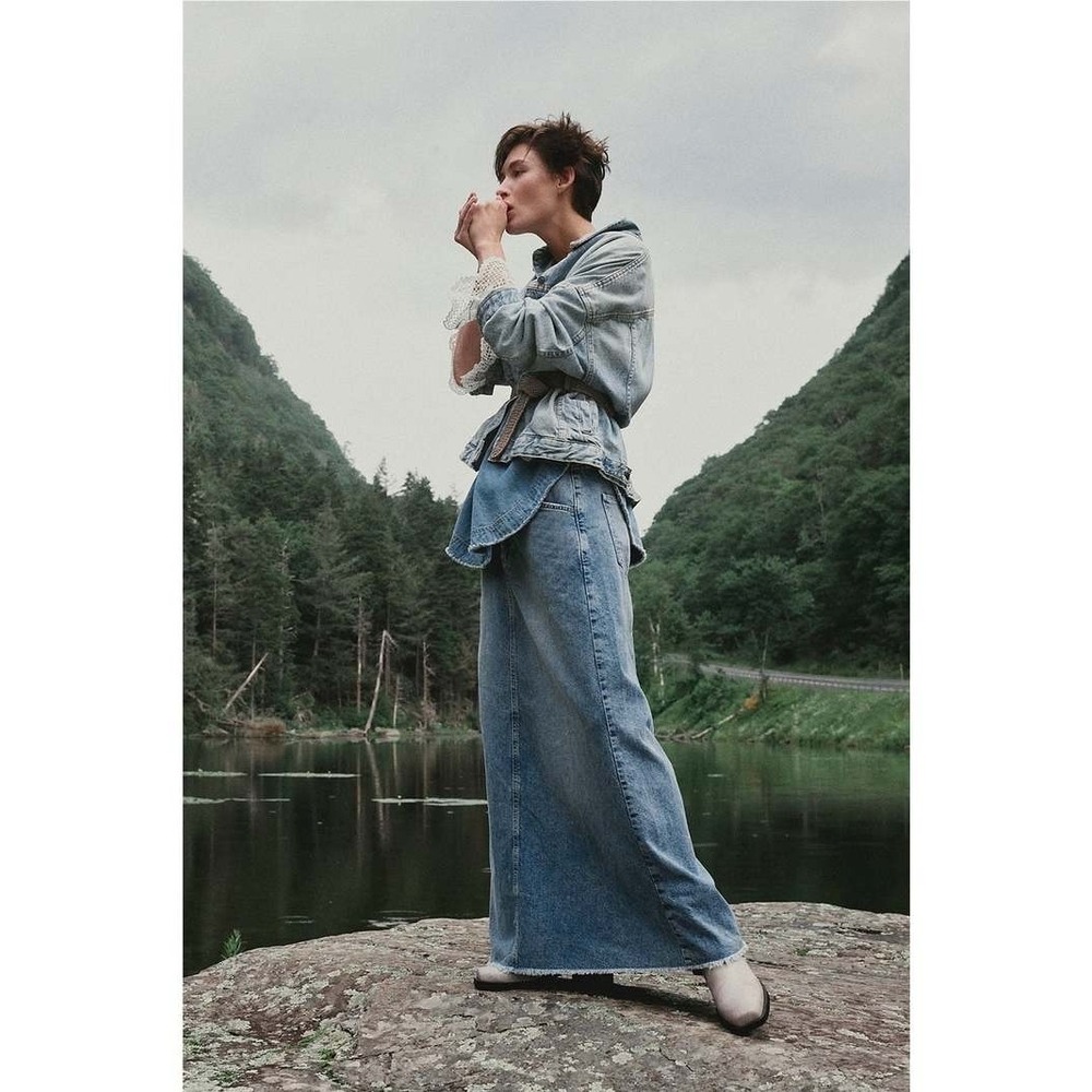 We The Free People Come As You Are Denim Jean Maxi Skirt Blue Frayed Boho 6 - Picture 8 of 16